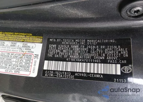 2007 Toyota Camry Le z USA, uszkodzony, nr VIN 4T1BE46K47U111465